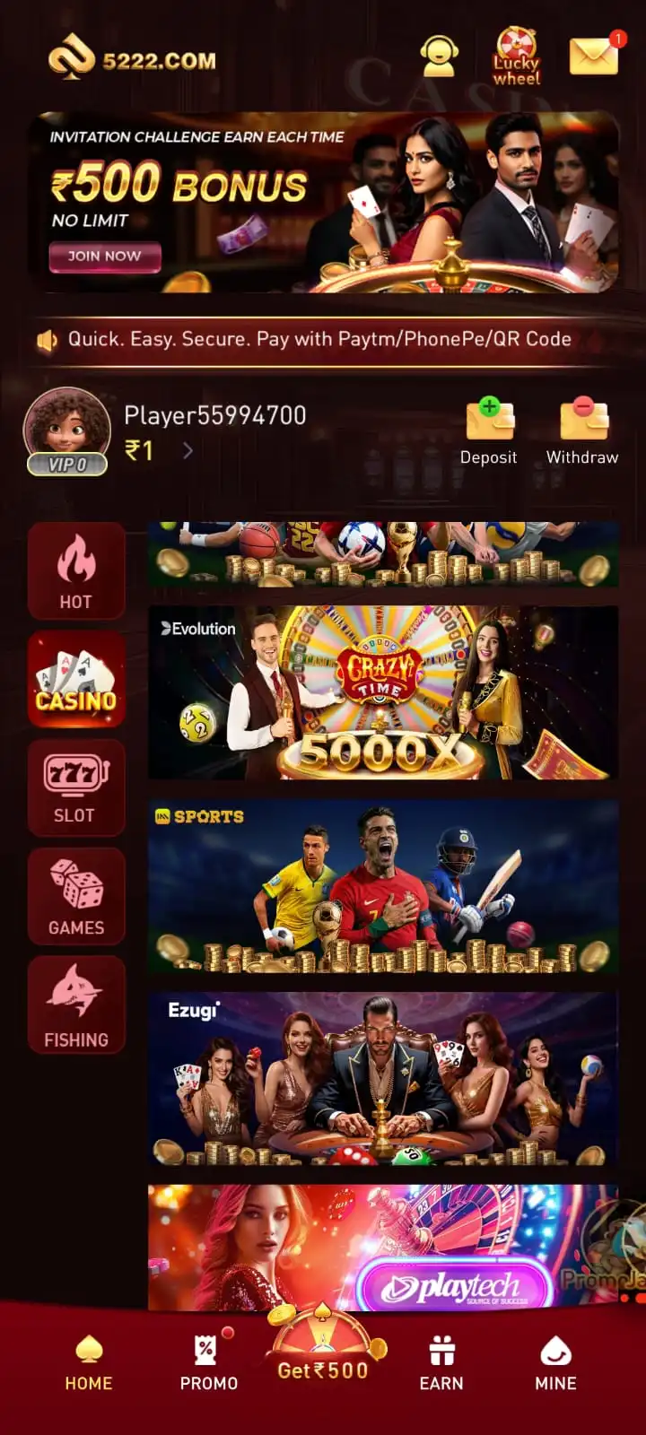 5222 App Android gaming interface with online game navigation