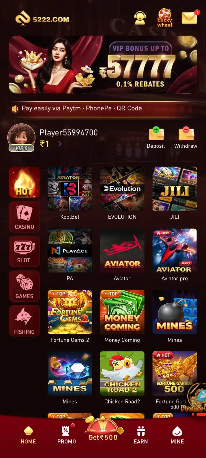 5222 Game mobile screen showing online gaming categories
