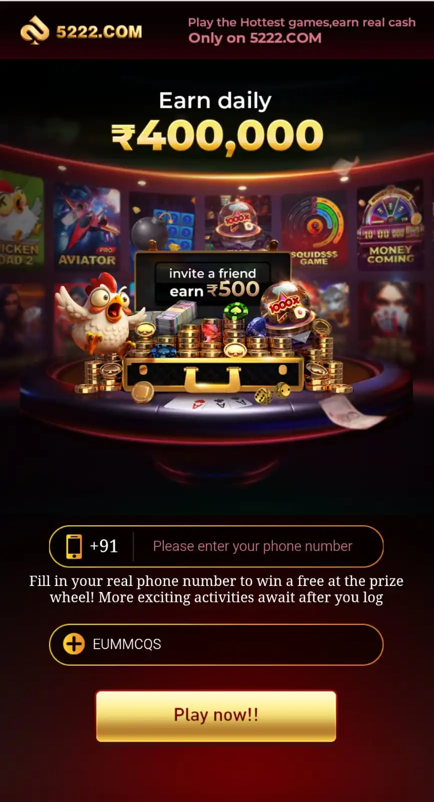 5222 App promotional section with gaming and reward features