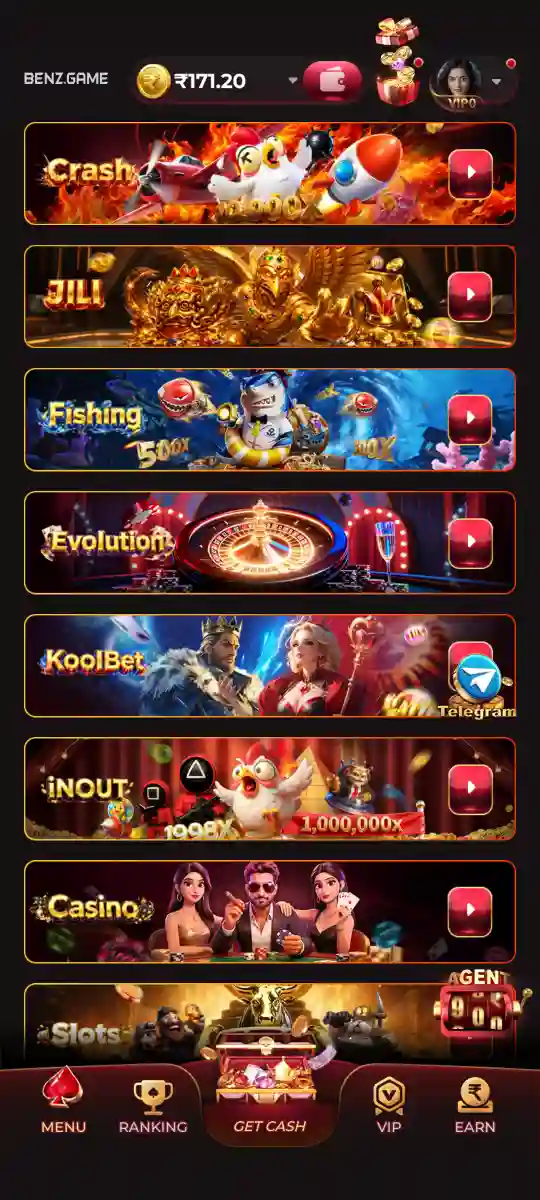 BENZ Game screen with popular online gaming categories