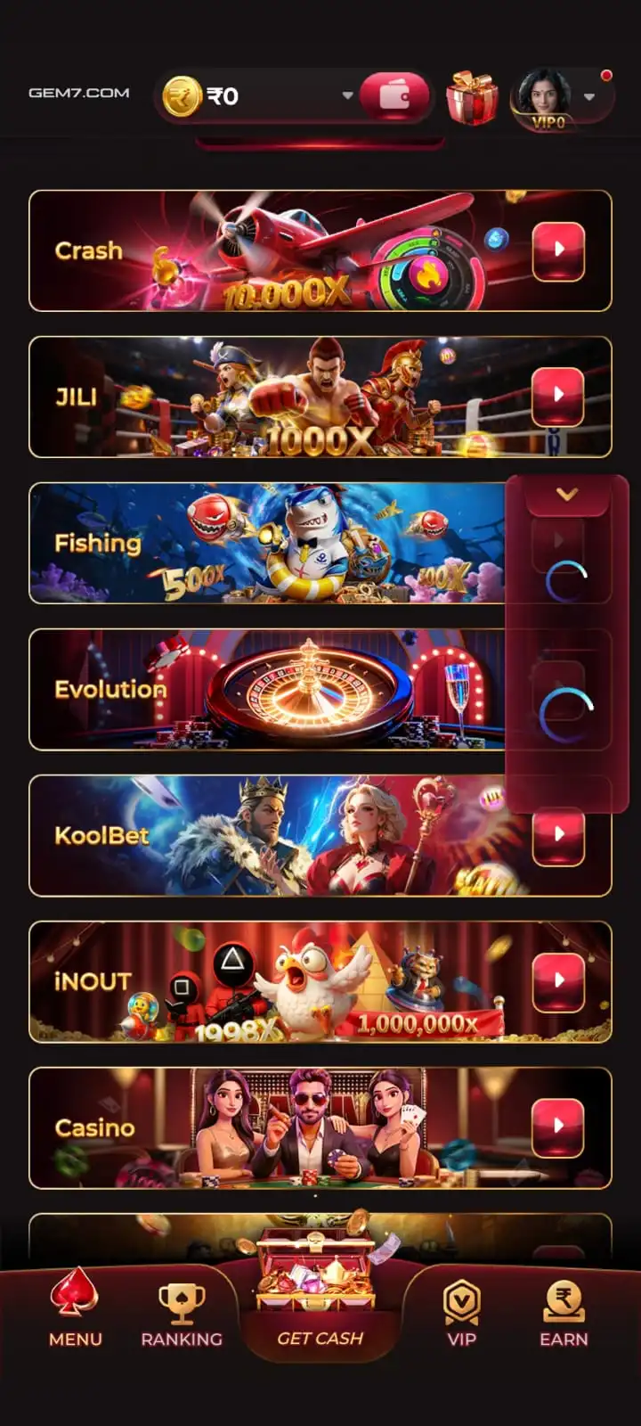 GEM7 Game Android gaming and account screen
