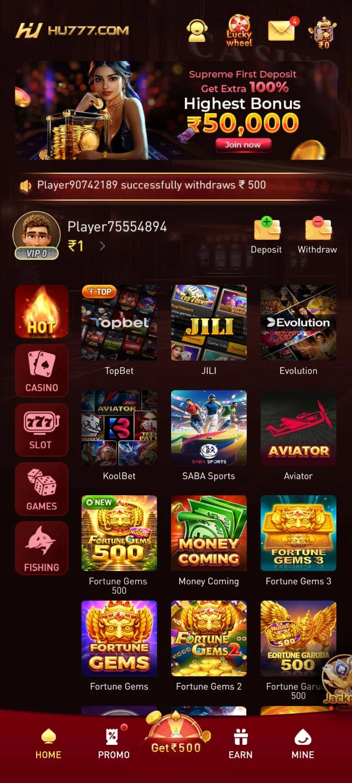 HU777 Game mobile gaming interface