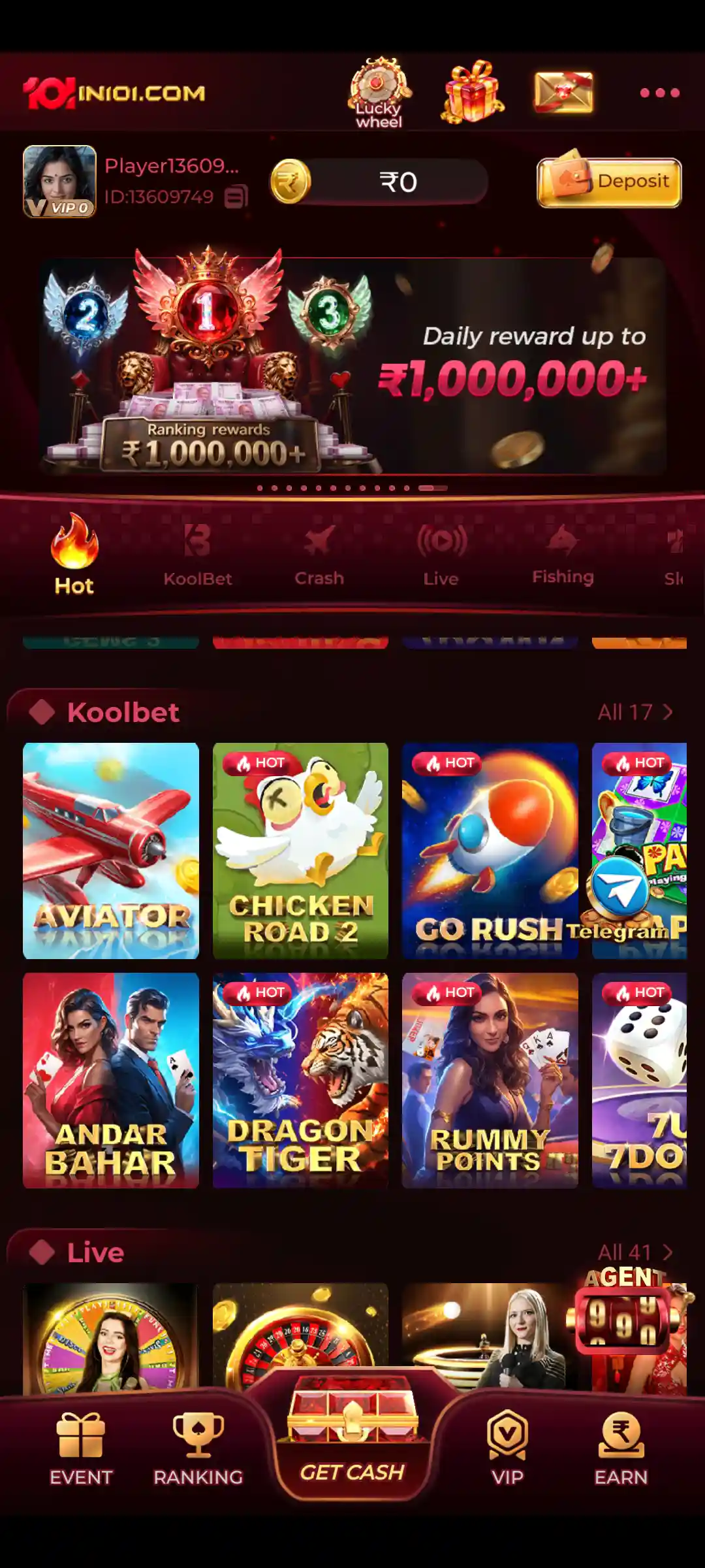 IN101 Online Game mobile gaming screen