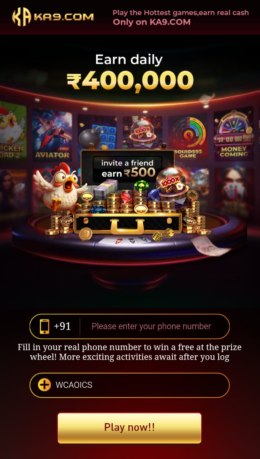 KA9 Game mobile app and featured gaming interface