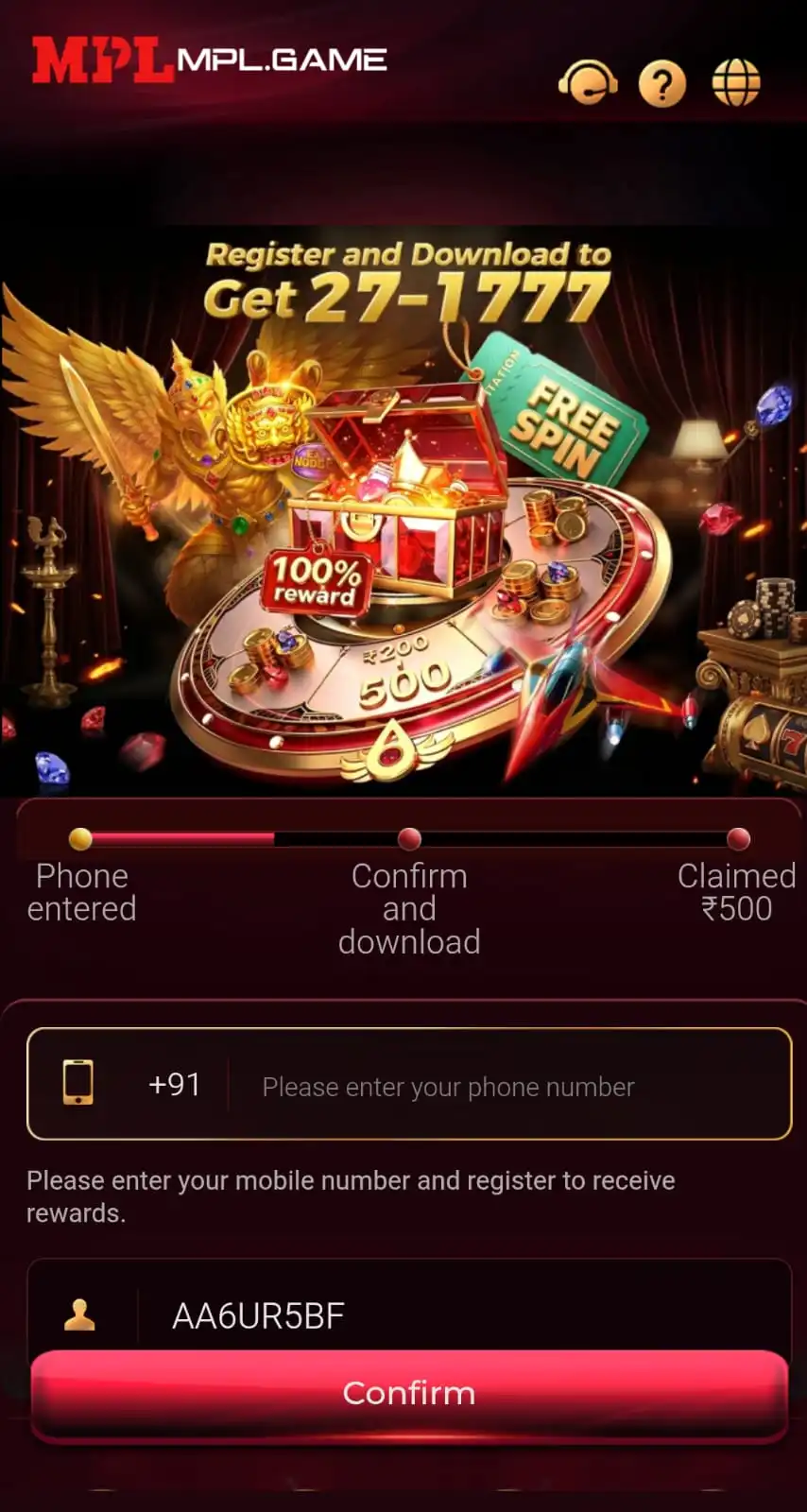MPL Game mobile app interface screen 1